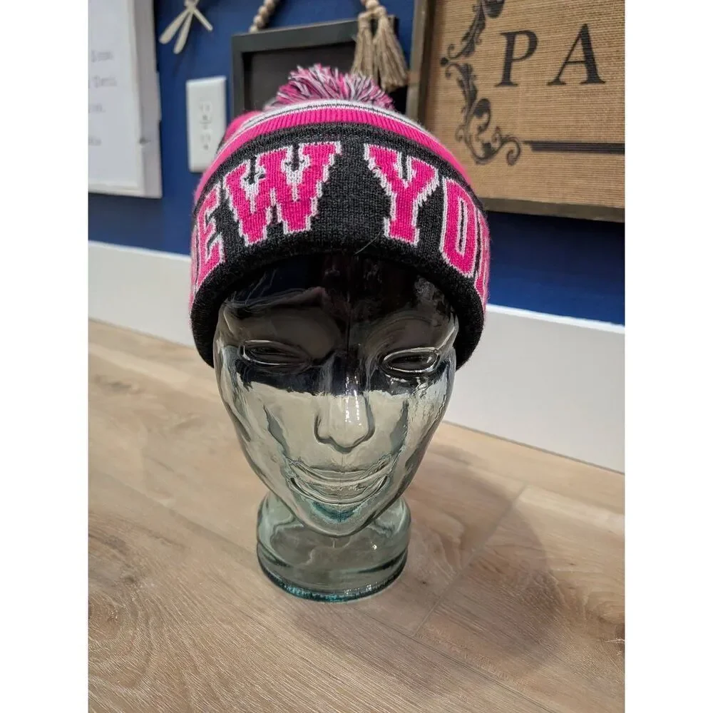 New York Pink Navy Pom Pom Beanie Hat Women’s Winter Knit Cap READ